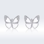 Pandora Style Silver Hoop Earrings, White Butterfly, Enamel - SCE876