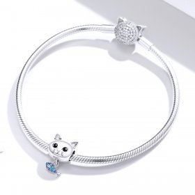 Pandora Style Silver Charm, Kitty With Fish, Cyan Blue Enamel - BSC226