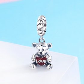 Pandora Style Silver Dangle Charm, Little Bear, Red Enamel - SCC521