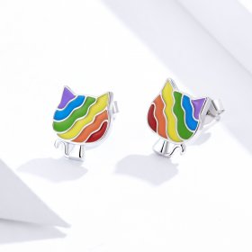 Pandora Style Silver Hoop Earrings, Rainbow Kitty, Multicolor Enamel - SCE823