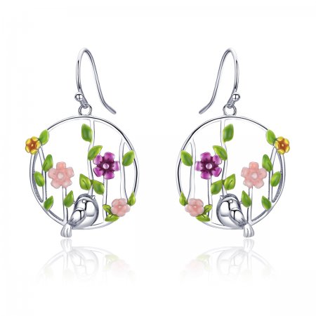Silver Birds Blooms Hanging Earrings - PANDORA Style - SCE480