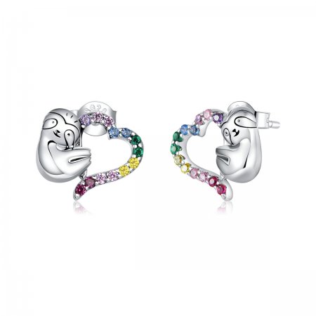 Pandora Style Silver Stud Earrings, Heart-Shaped Little Sloth - SCE885