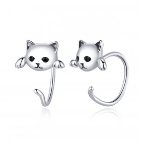 Pandora Style Silver Hoop Earrings, Cute Cat - SCE965