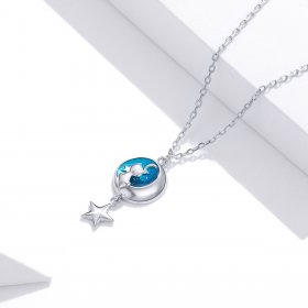 Pandora Style Silver Necklace, Moon & Cat, Blue Enamel - SCN422