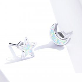 Pandora Style Silver Stud Earrings, Moon and Star - SCE875