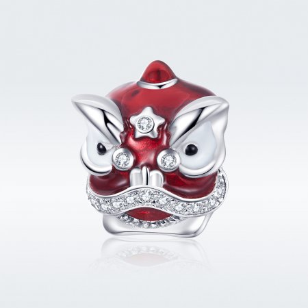 Pandora Style Silver Charm, Lion Dance, Red Enamel - BSC086