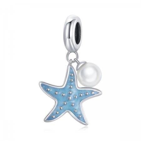 Pandora Style Silver Dangle Charm, Blue Starfish, Cyan Enamel - SCC1807