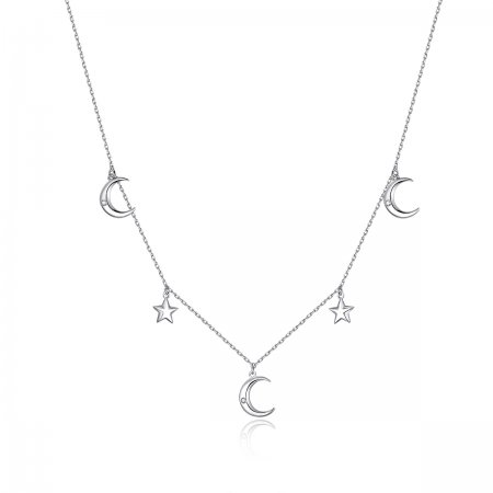 Pandora Style Silver Necklace, Moon and Star, Enamel - SCN411