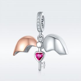 Pandora Style Tri-tone Bangle Charm, Bicolor Key In Open Heart - SCC844