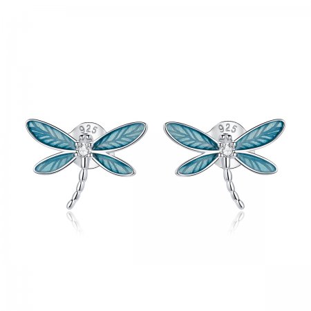Pandora Style Silver Hoop Earrings, Little Dragonfly, Cyan Blue Enamel - BSE455