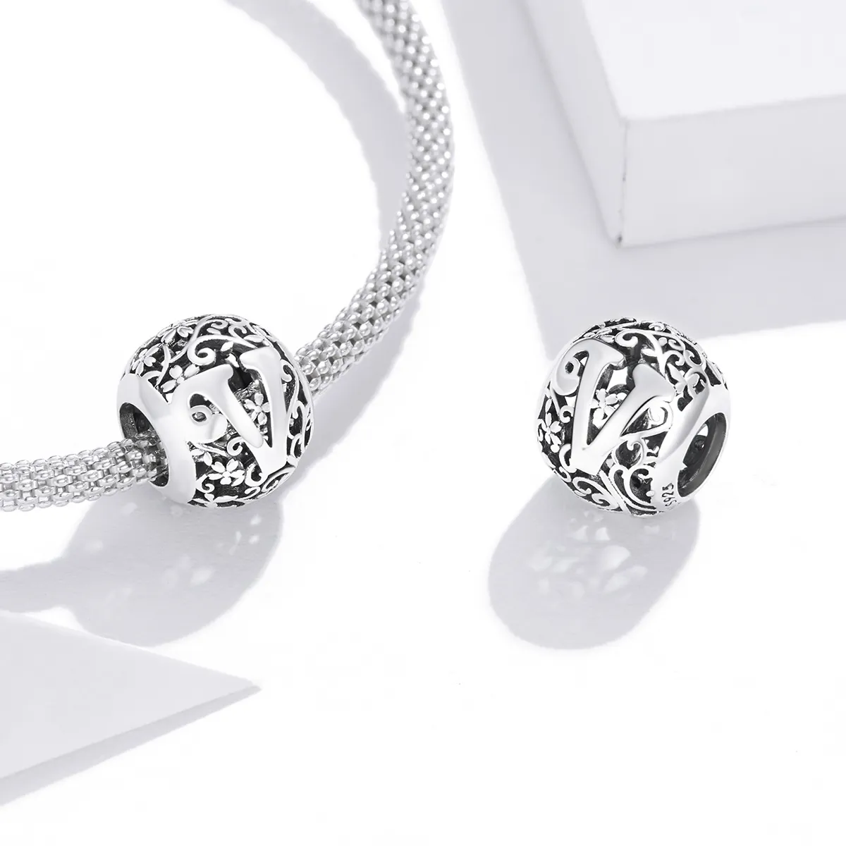 Openwork Flower Letter V Charm - PANDORA Style - SCC1444-V