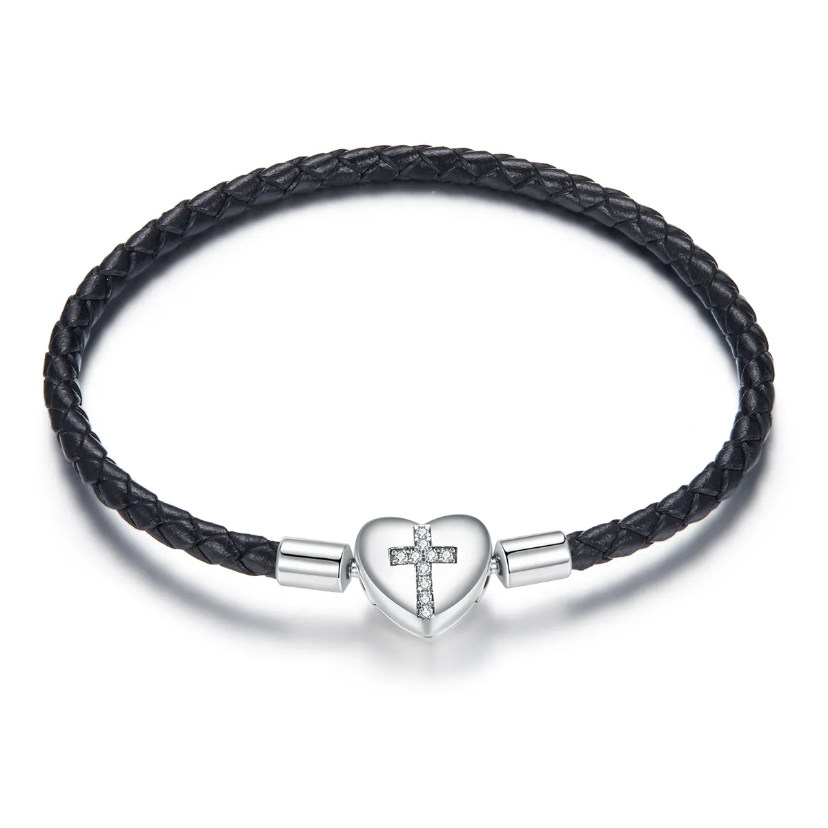 Black Pandora Style Leather Bracelet, Modern Cross - SCB205