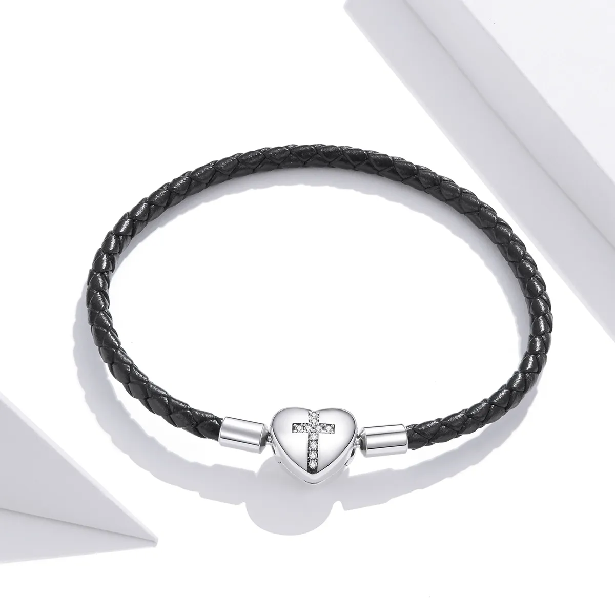 Black Pandora Style Leather Bracelet, Modern Cross - SCB205