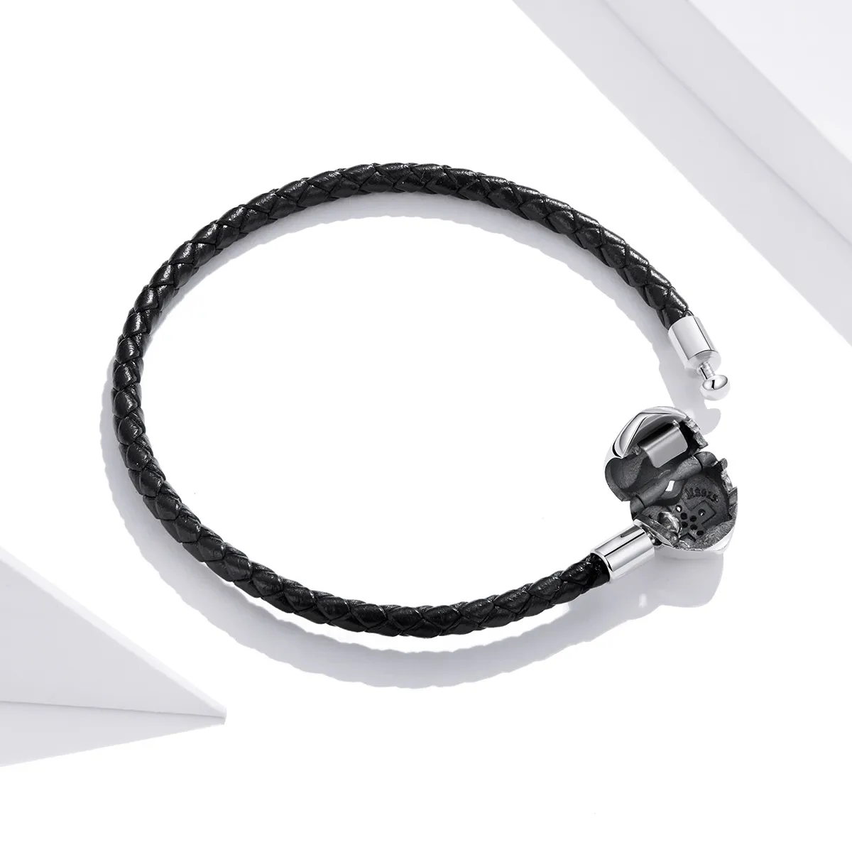 Black Pandora Style Leather Bracelet, Modern Cross - SCB205