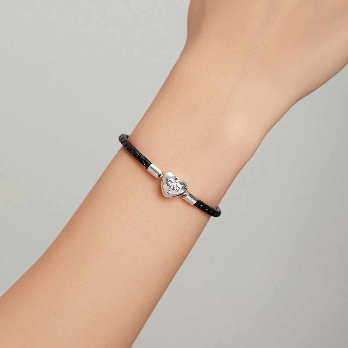 Black Pandora Style Leather Bracelet, Modern Cross - SCB205