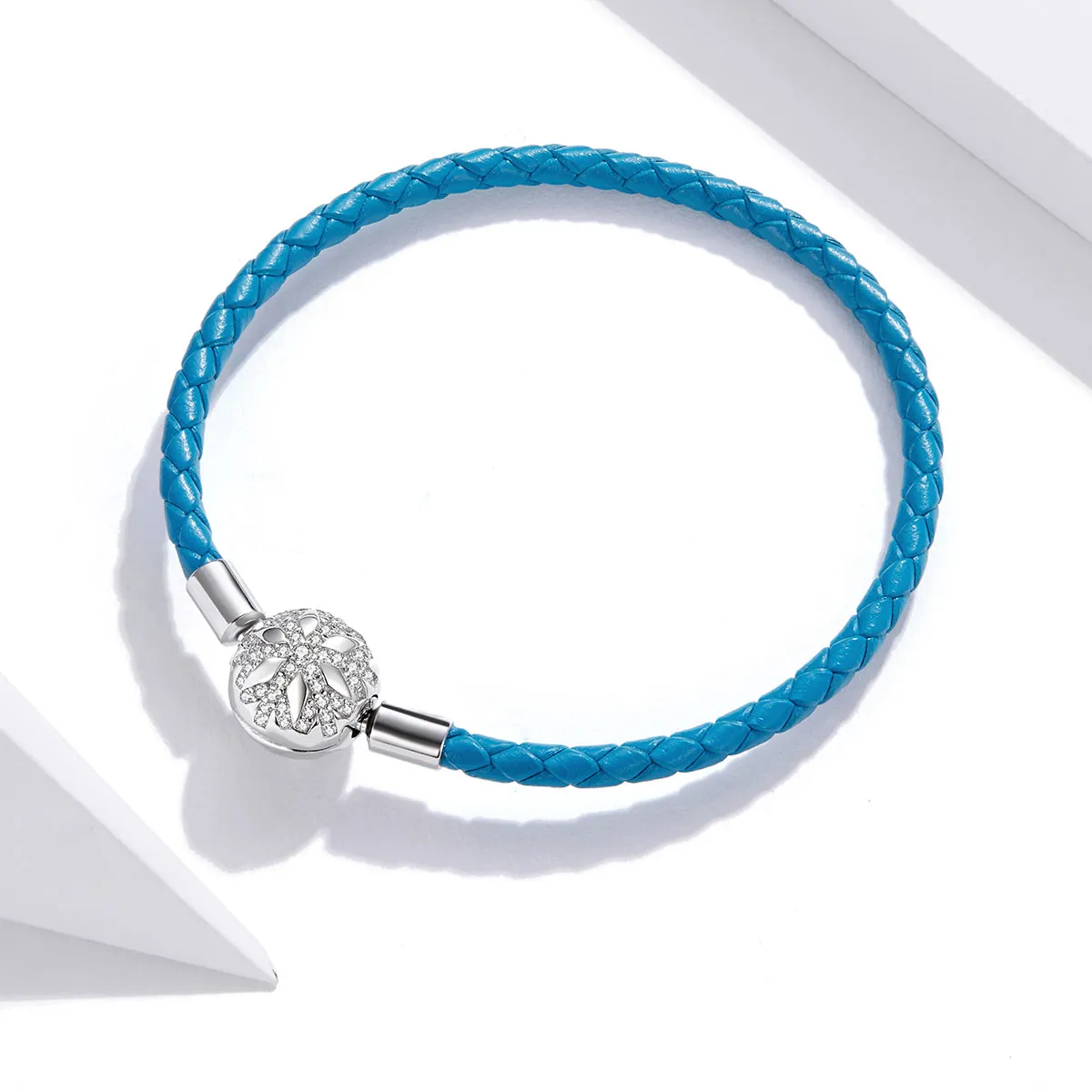 Cyan Blue Pandora Style Leather Bracelet, Snowflake - SCB196