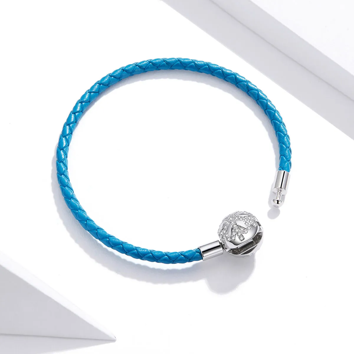 Cyan Blue Pandora Style Leather Bracelet, Snowflake - SCB196