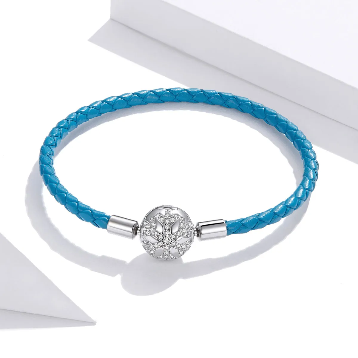 Cyan Blue Pandora Style Leather Bracelet, Snowflake - SCB196