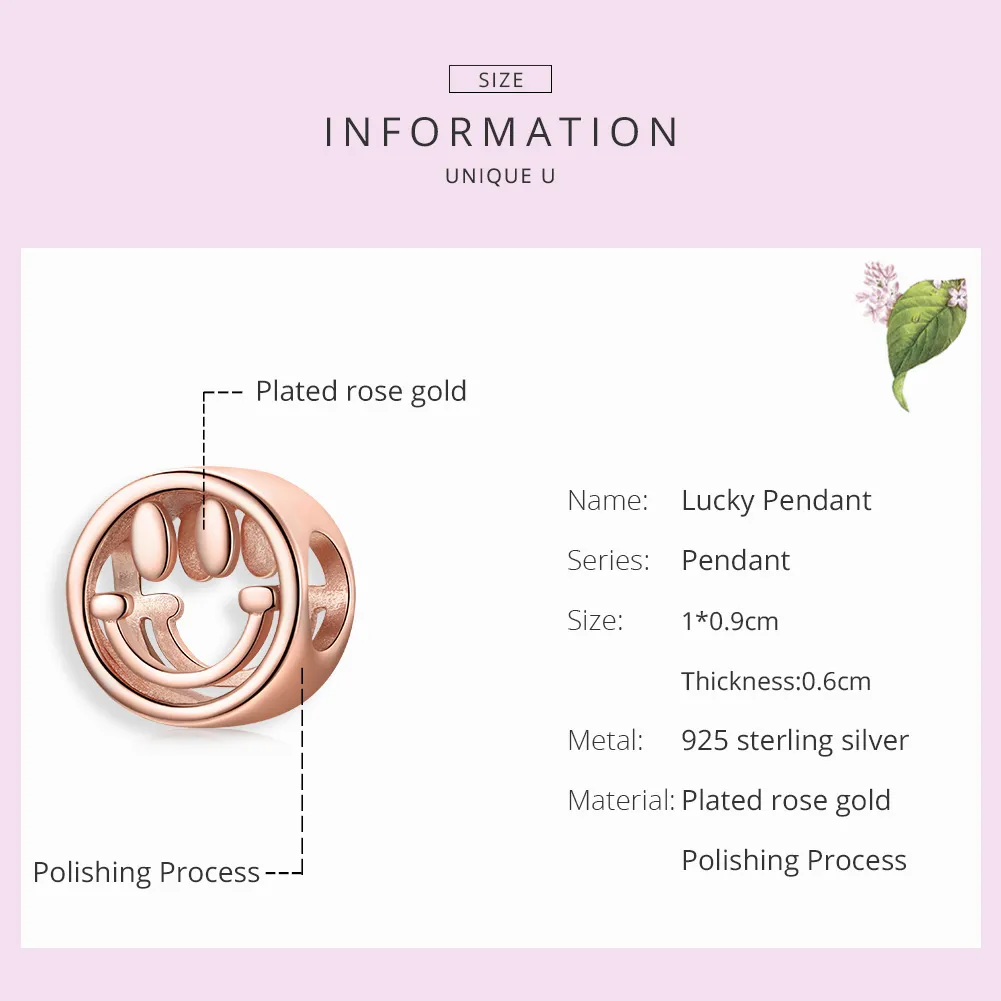 Pandora Style Rose Gold Charm, Lucky Smile - SCC1787