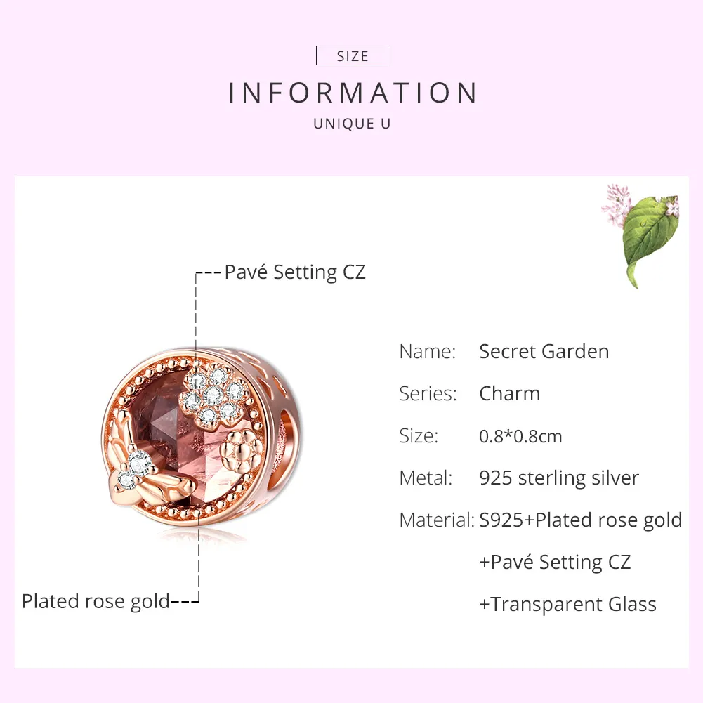 Pandora Style Rose Gold Charm, Secret Garden - BSC389