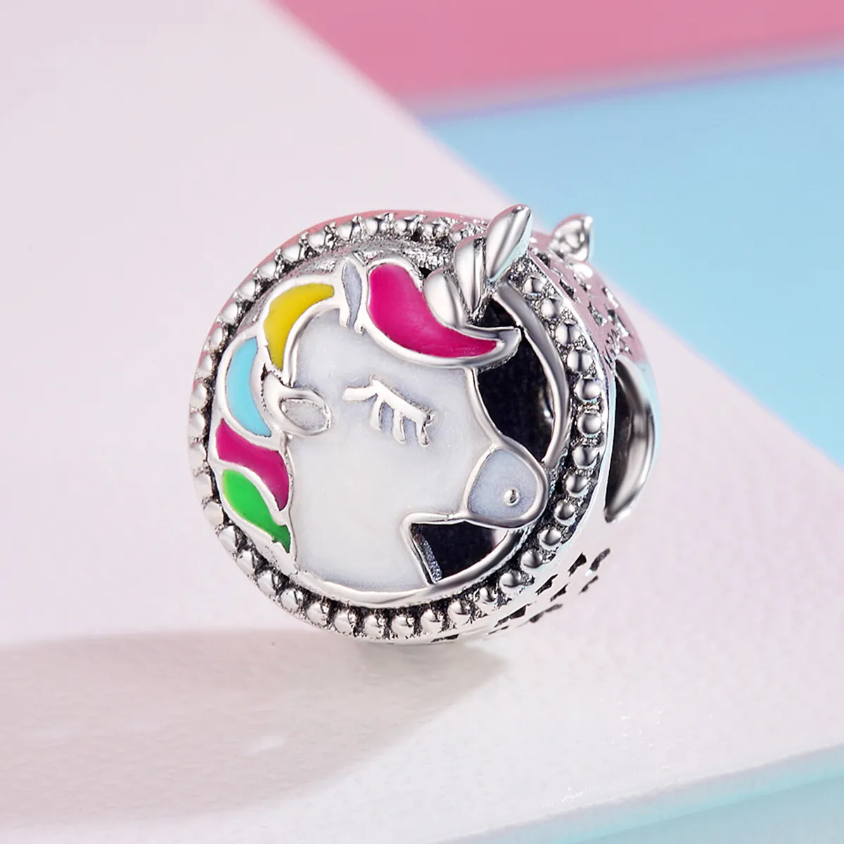 Pandora Style Silver Charm, Beautiful Unicorn, Multicolor Enamel - SCC362