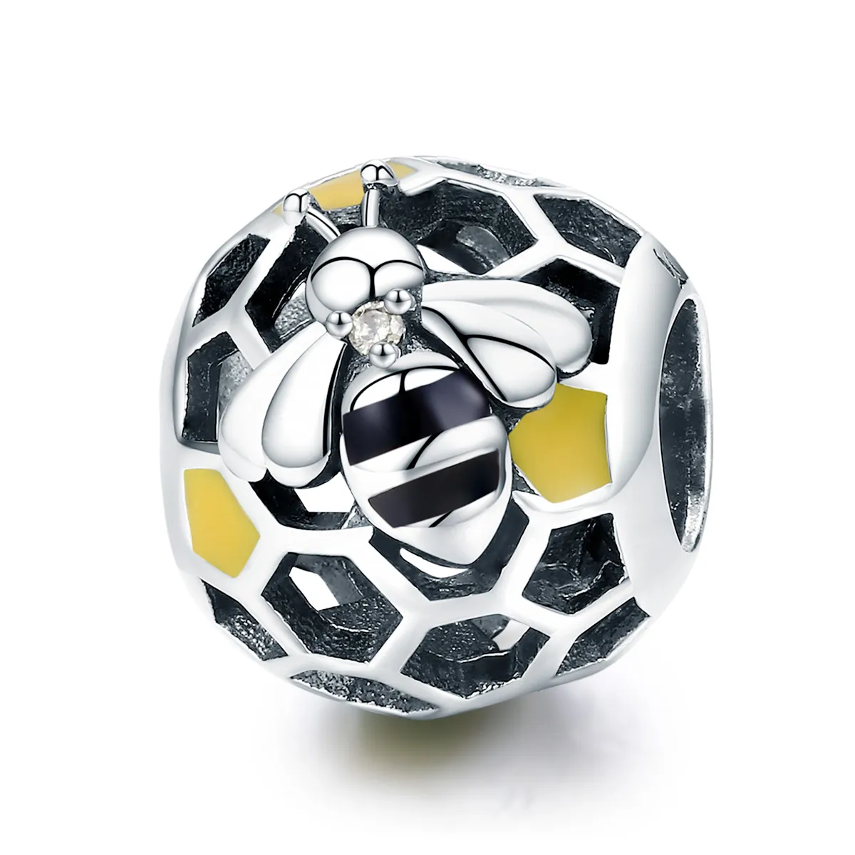 Pandora Style Silver Charm, Bee\'s Hive, Yellow Enamel - SCC779