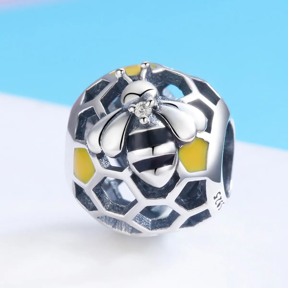 Pandora Style Silver Charm, Bee's Hive, Yellow Enamel - SCC779