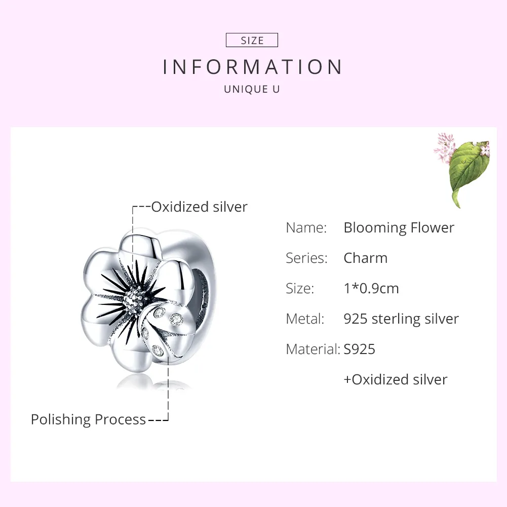 Pandora Style Silver Charm, Blooming Flower - SCC1722