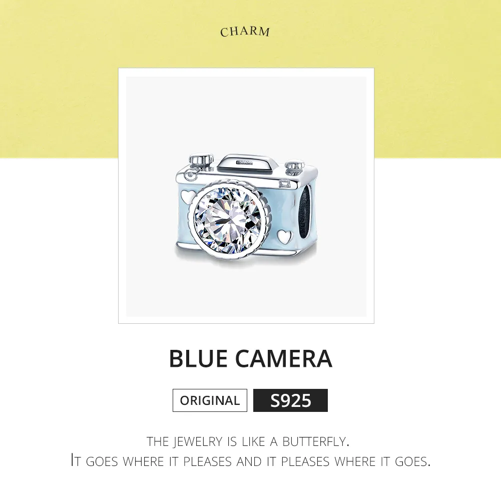 Pandora Style Silver Charm, Blue Camera, Cyan Enamel - BSC264