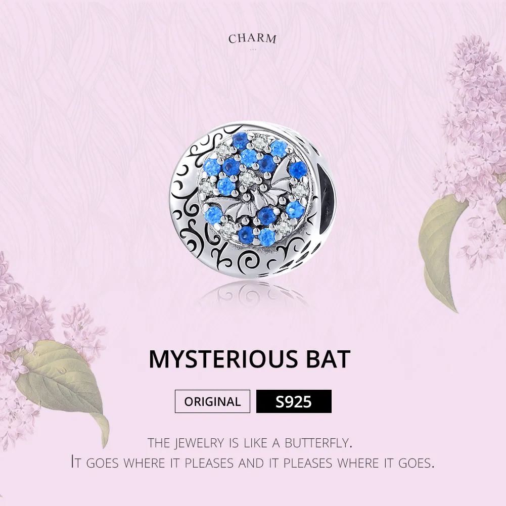 Pandora Style Silver Charm, Blue Stone Mysterious Bat - SCC1554