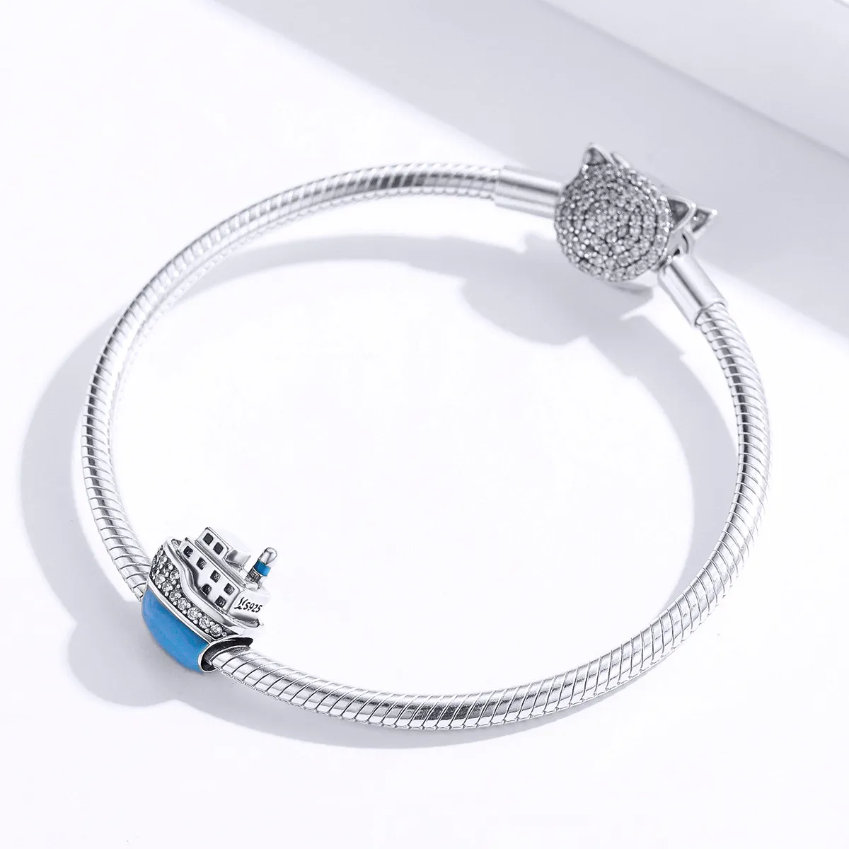 Pandora Style Silver Charm, Boat, Cyan Blue Enamel - SCC1379