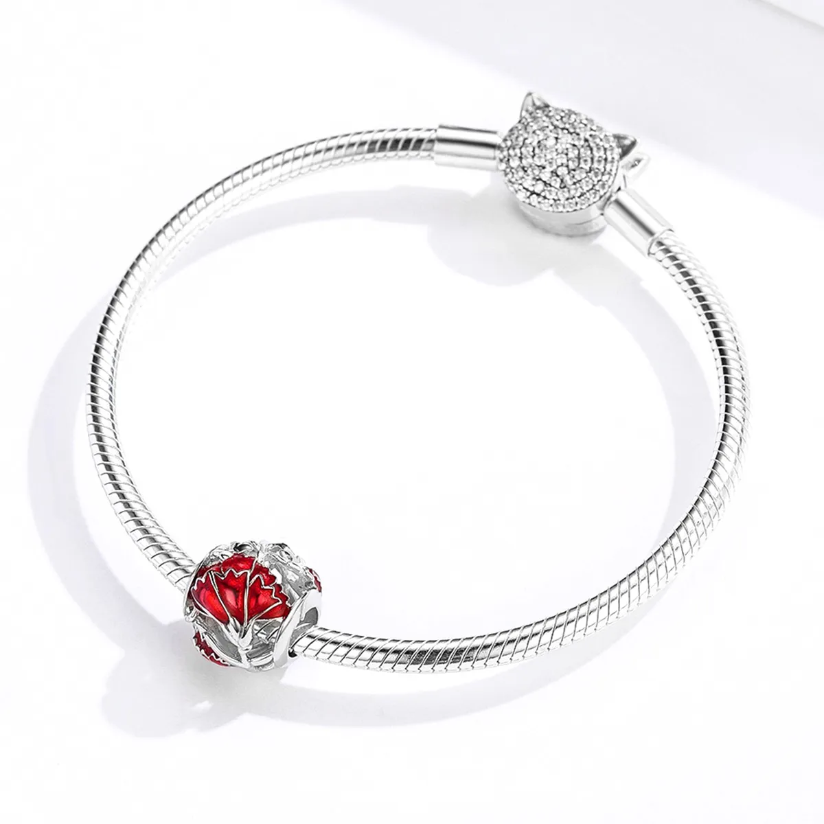 Pandora Style Silver Charm, Carnation, Red Enamel - BSC097