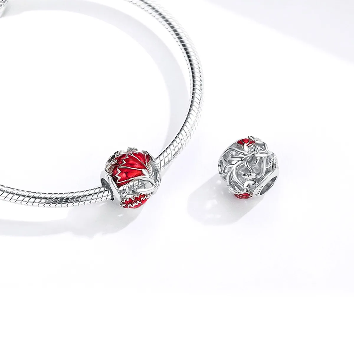 Pandora Style Silver Charm, Carnation, Red Enamel - BSC097