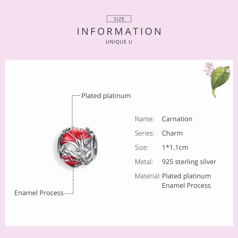 Pandora Style Silver Charm, Carnation, Red Enamel - BSC097