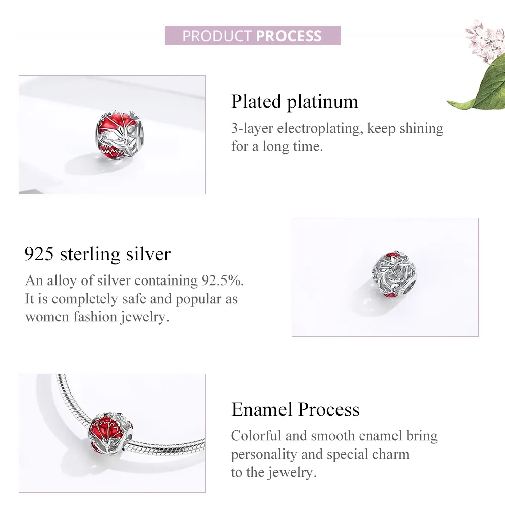 Pandora Style Silver Charm, Carnation, Red Enamel - BSC097