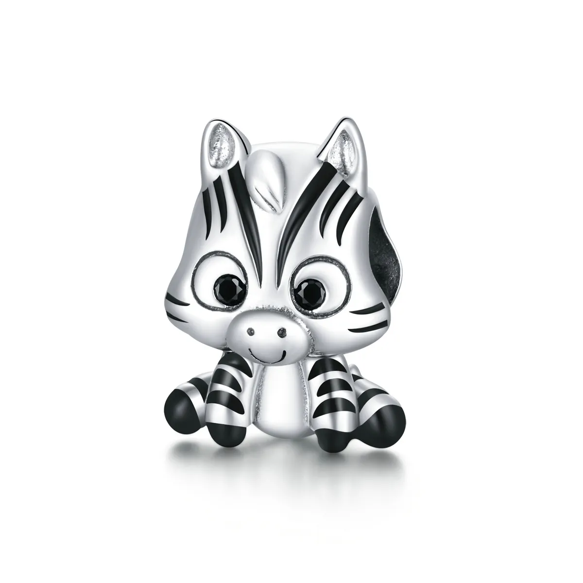 Pandora Style Silver Charm, Cartoon Zebra, Black Enamel - BSC387