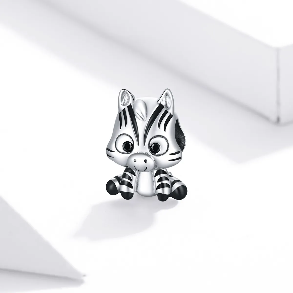 Pandora Style Silver Charm, Cartoon Zebra, Black Enamel - BSC387