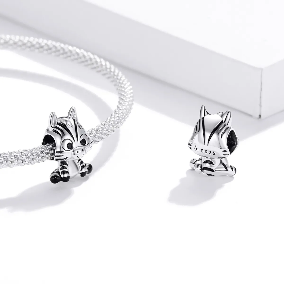 Pandora Style Silver Charm, Cartoon Zebra, Black Enamel - BSC387