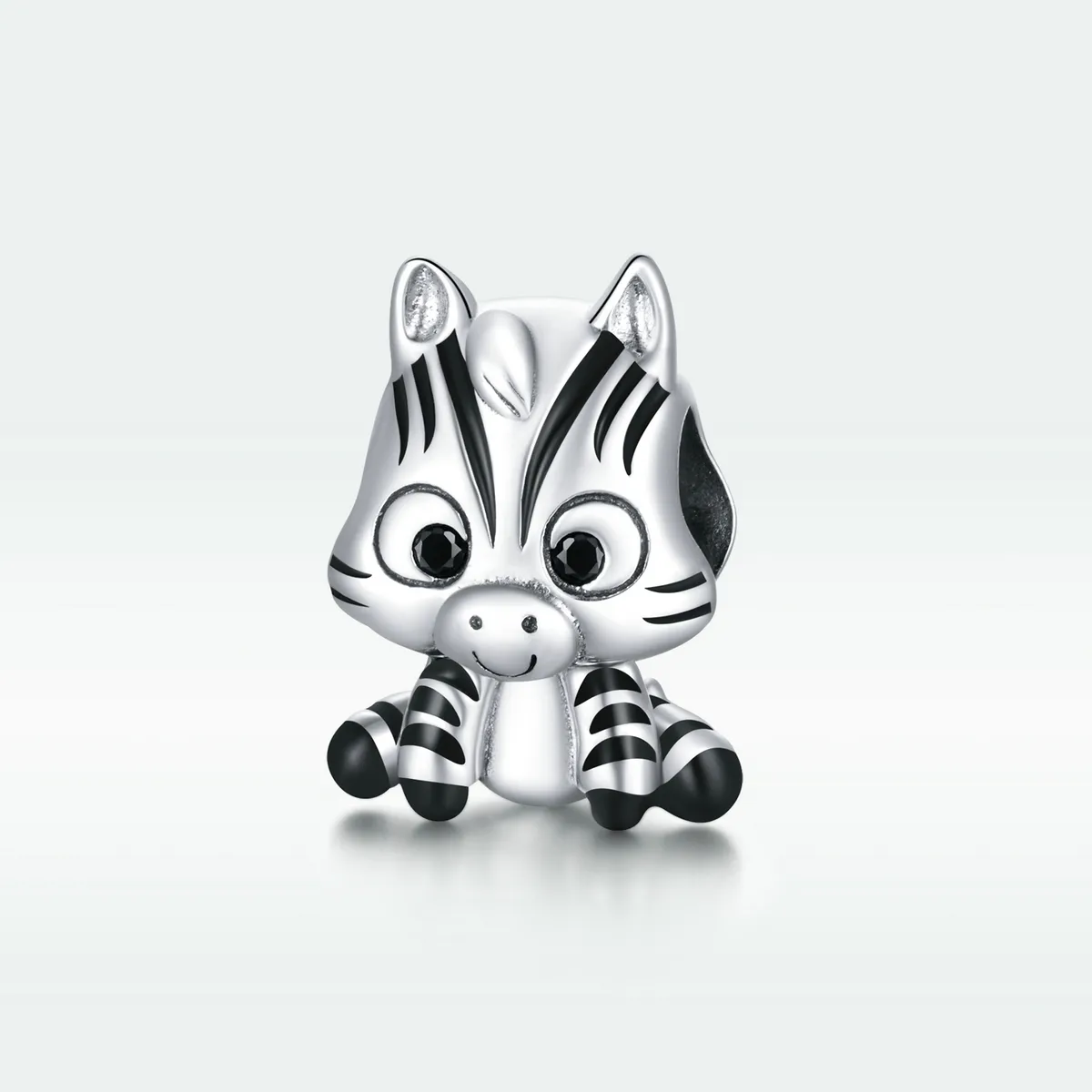 Pandora Style Silver Charm, Cartoon Zebra, Black Enamel - BSC387