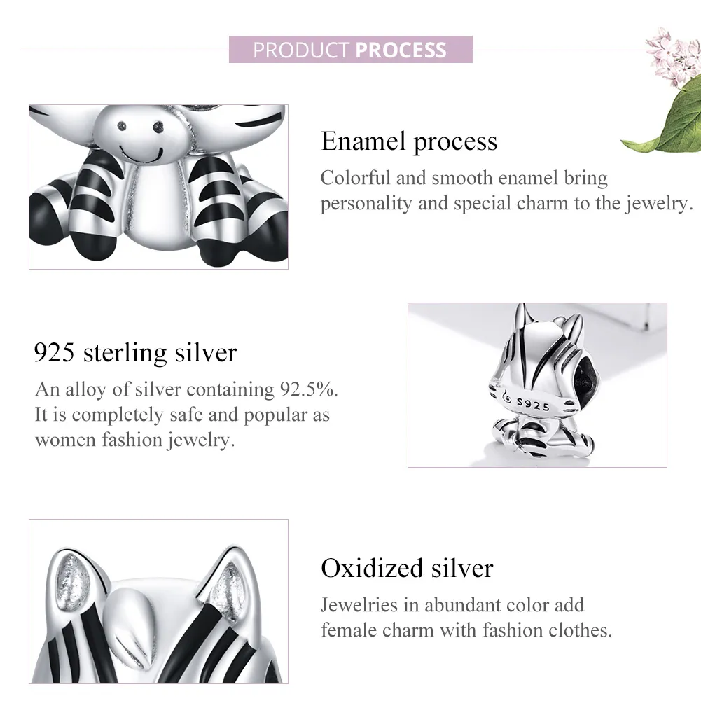 Pandora Style Silver Charm, Cartoon Zebra, Black Enamel - BSC387