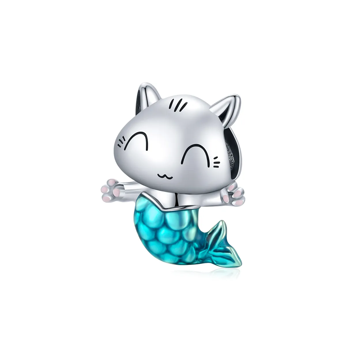 Pandora Style Silver Charm, Cat Mermaid, Cyan Enamel - SCC1852