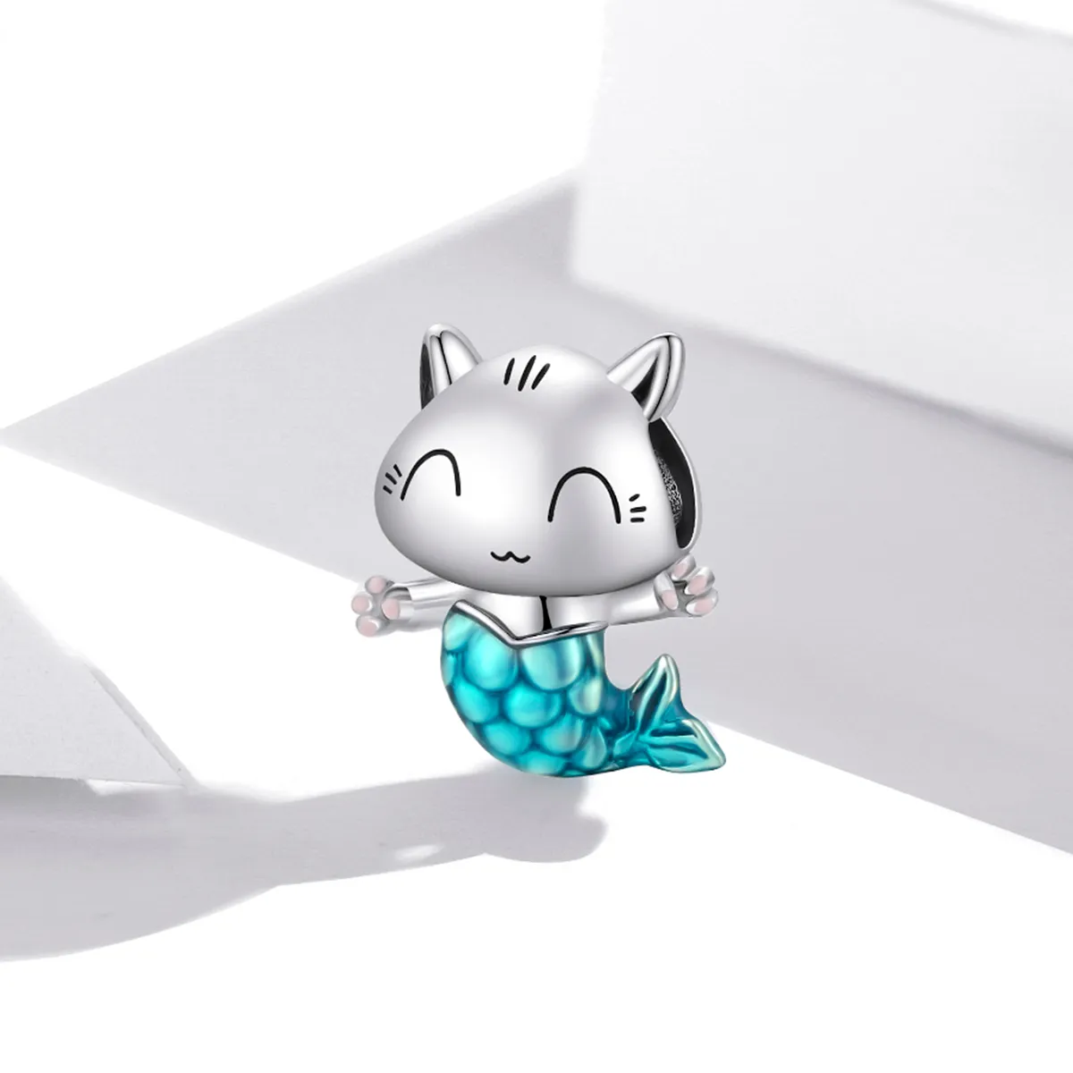 Pandora Style Silver Charm, Cat Mermaid, Cyan Enamel - SCC1852