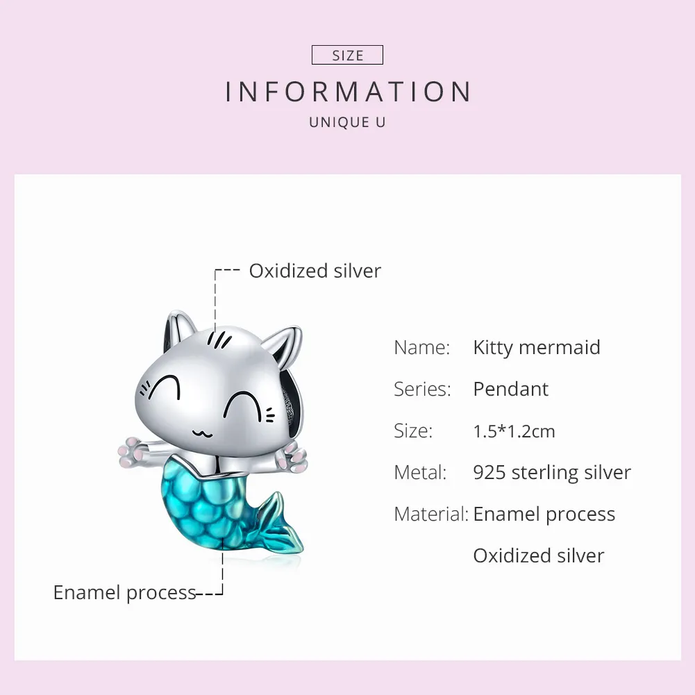 Pandora Style Silver Charm, Cat Mermaid, Cyan Enamel - SCC1852