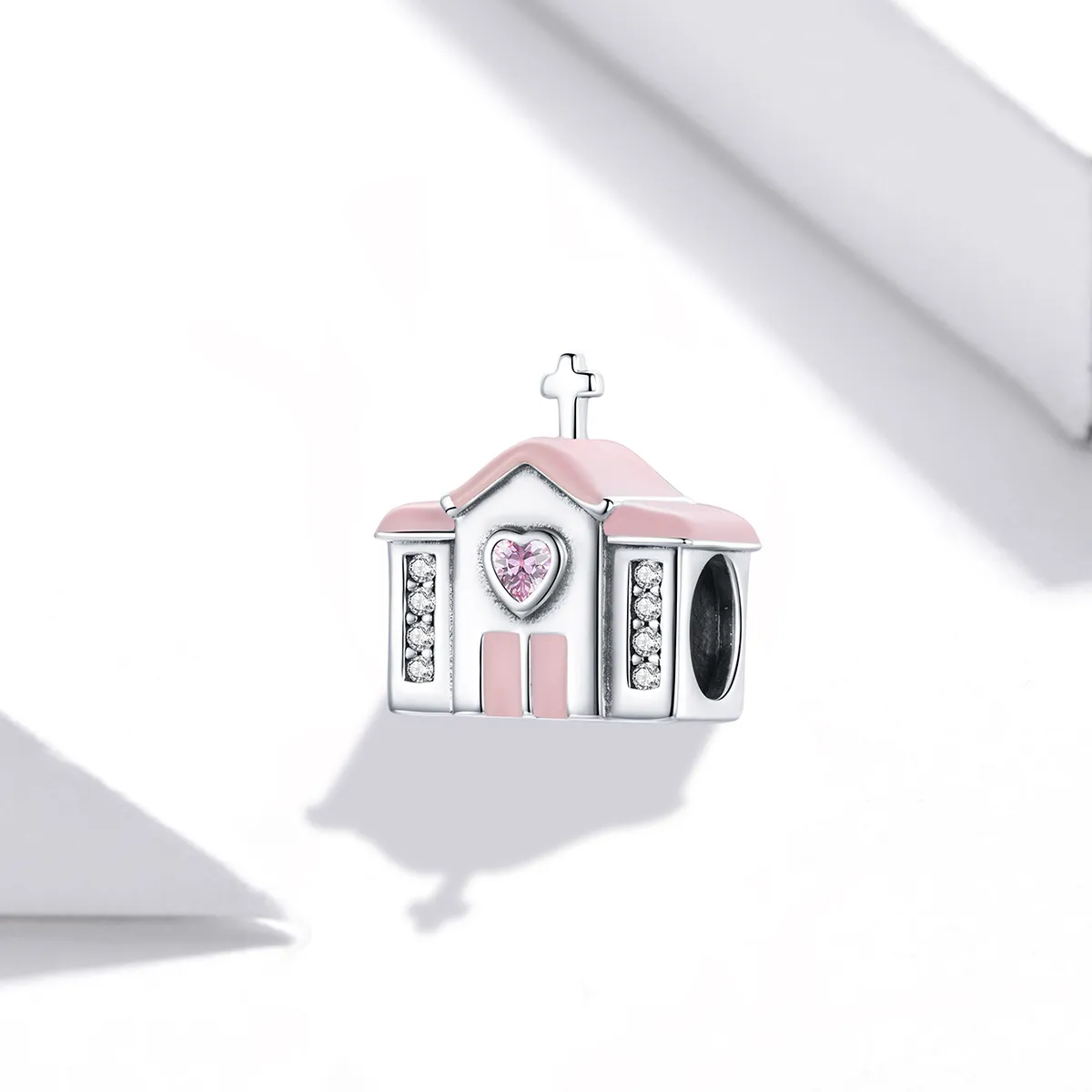 Pandora Style Silver Charm, Church, Pink Enamel - SCC1810