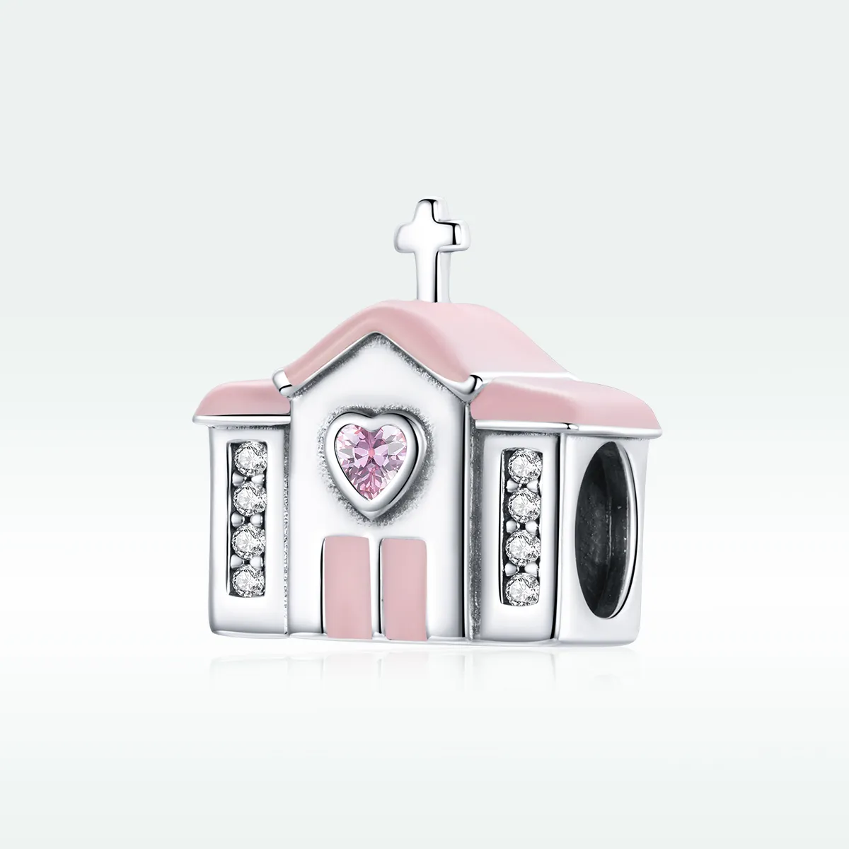 Pandora Style Silver Charm, Church, Pink Enamel - SCC1810