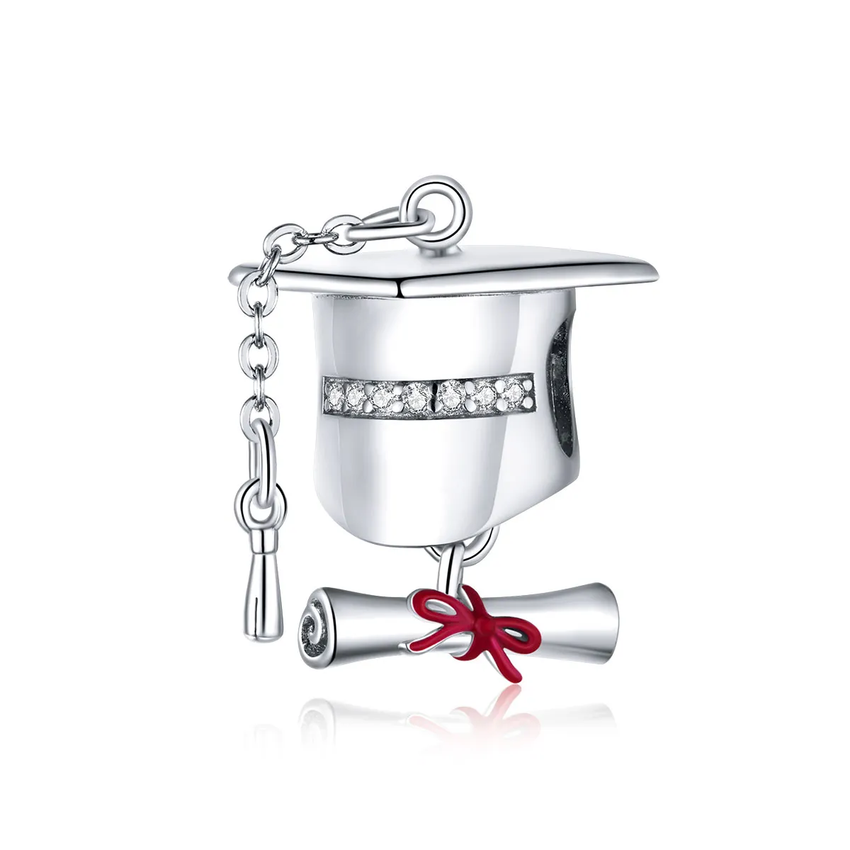 Pandora Style Silver Charm, College Graduation Cap, Red Enamel - BSC357