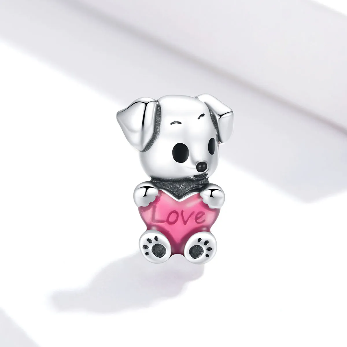 Pandora Style Silver Charm, Cute Puppy, Pink Enamel - SCC1677