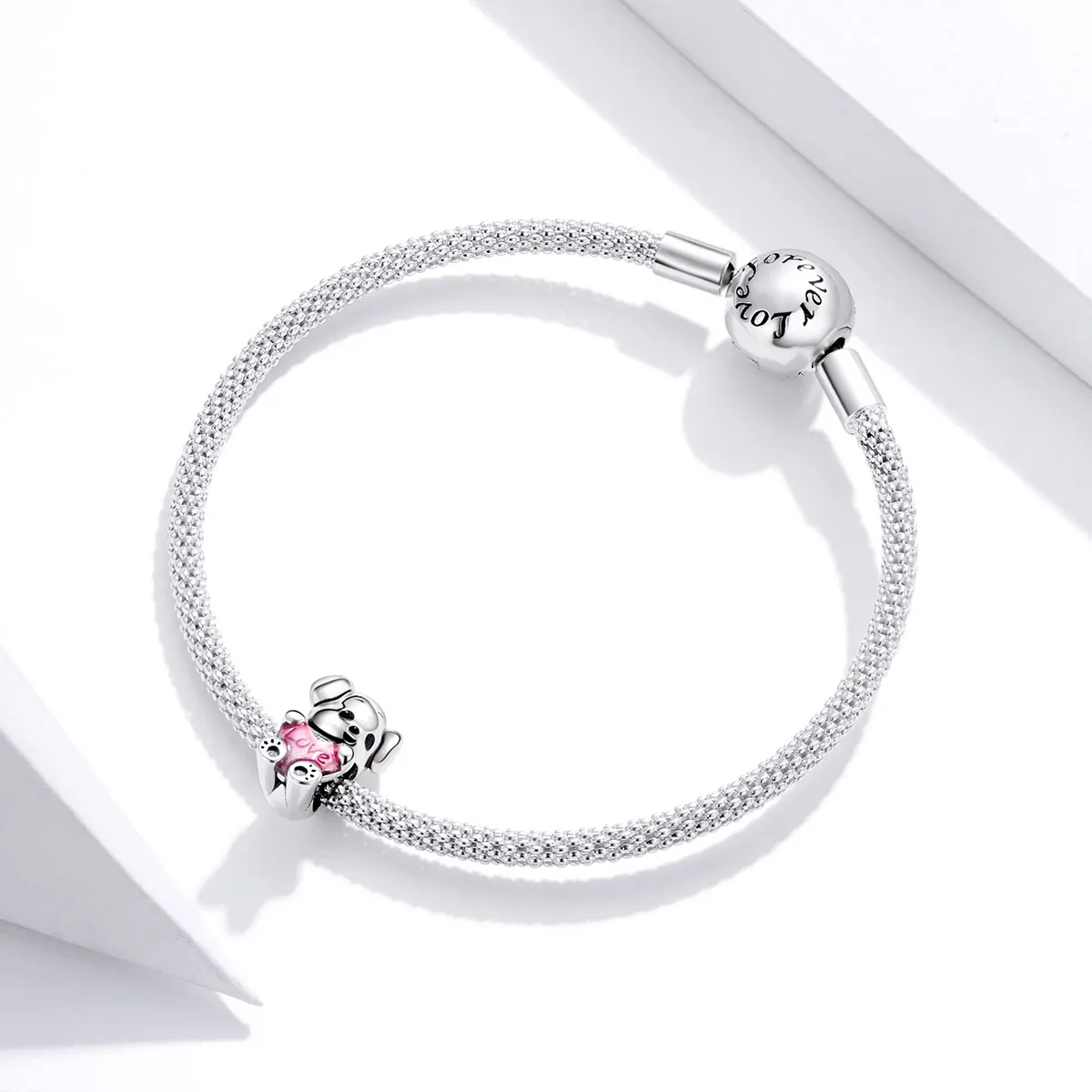 Pandora Style Silver Charm, Cute Puppy, Pink Enamel - SCC1677