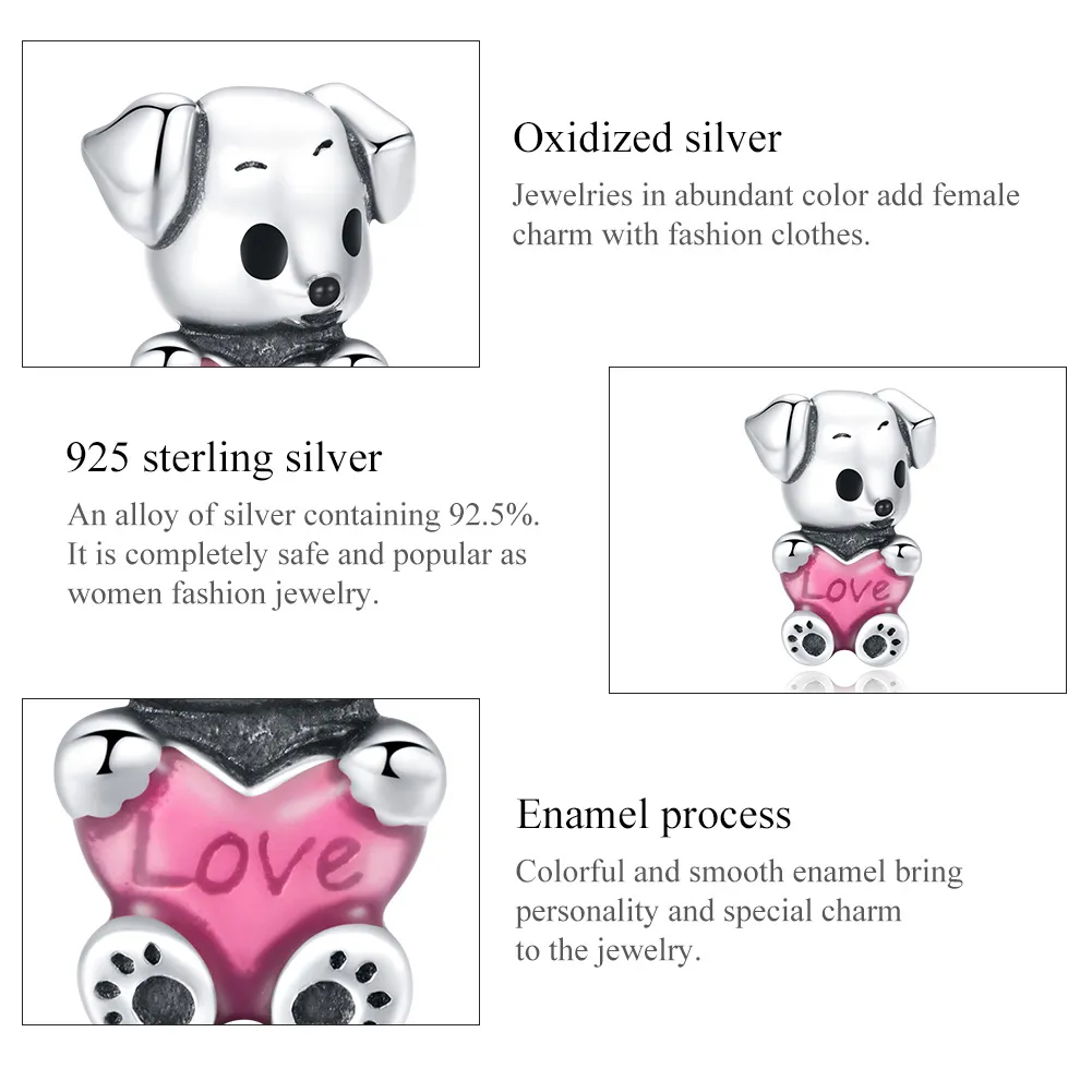 Pandora Style Silver Charm, Cute Puppy, Pink Enamel - SCC1677