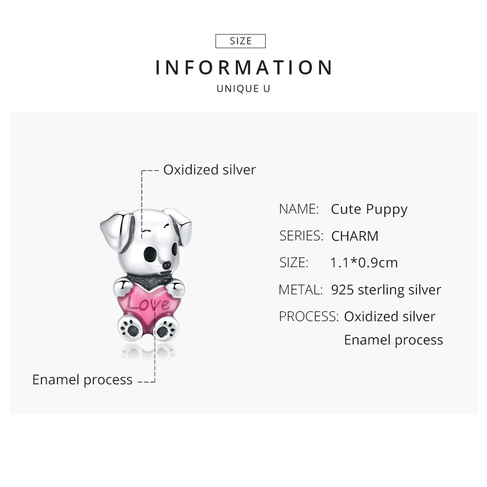 Pandora Style Silver Charm, Cute Puppy, Pink Enamel - SCC1677